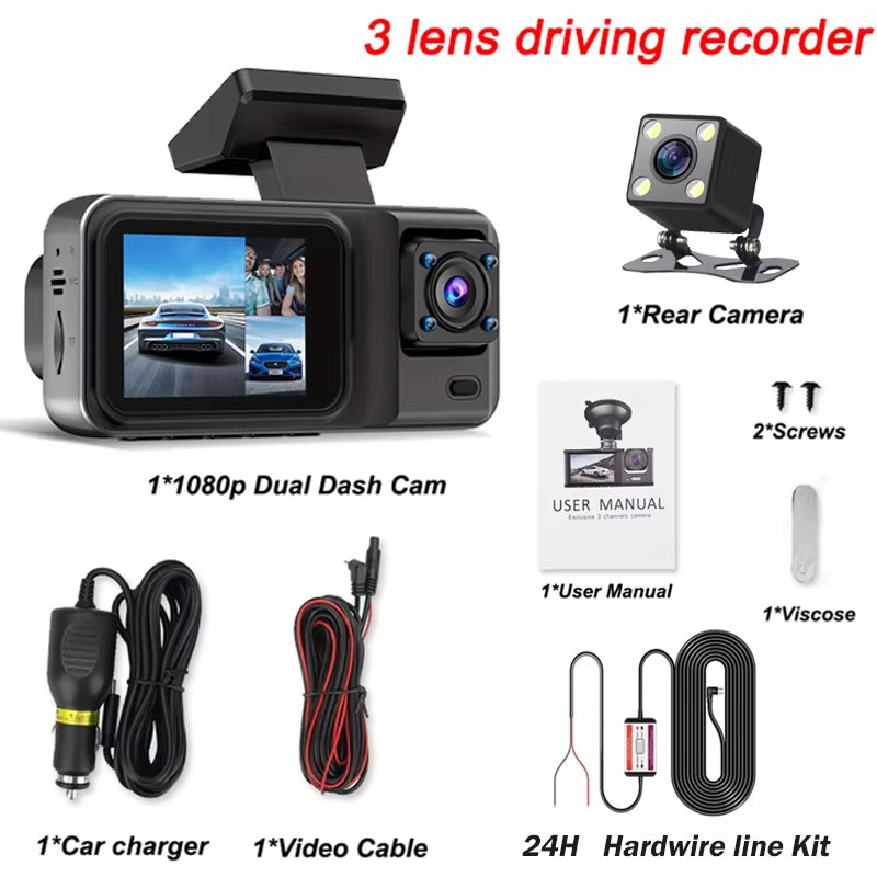 3 Channel Dash Cam for Cars Black Box Camera Car DVR 1080P Video Recorder Rear View Camera for Vehicle Car DVR Car Accessories