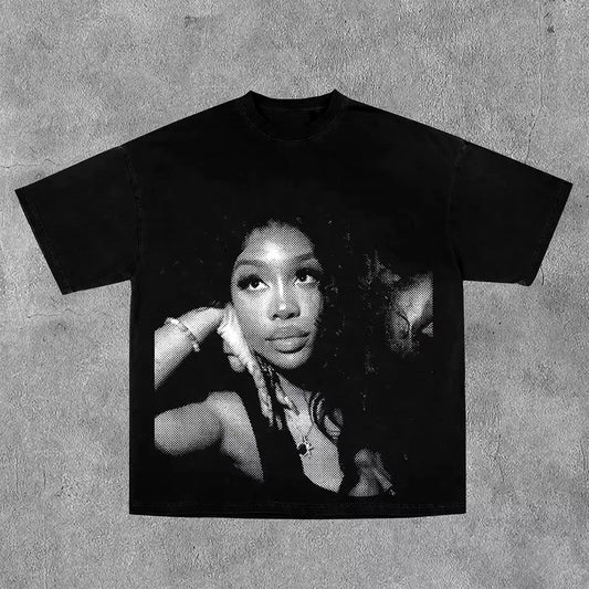 American Hip-Hop Character Pattern Printed T-Shirt Casual Fashion Oversized T-Shirt Harajuku Gothic Retro Tshirts Unisex Y2K Top